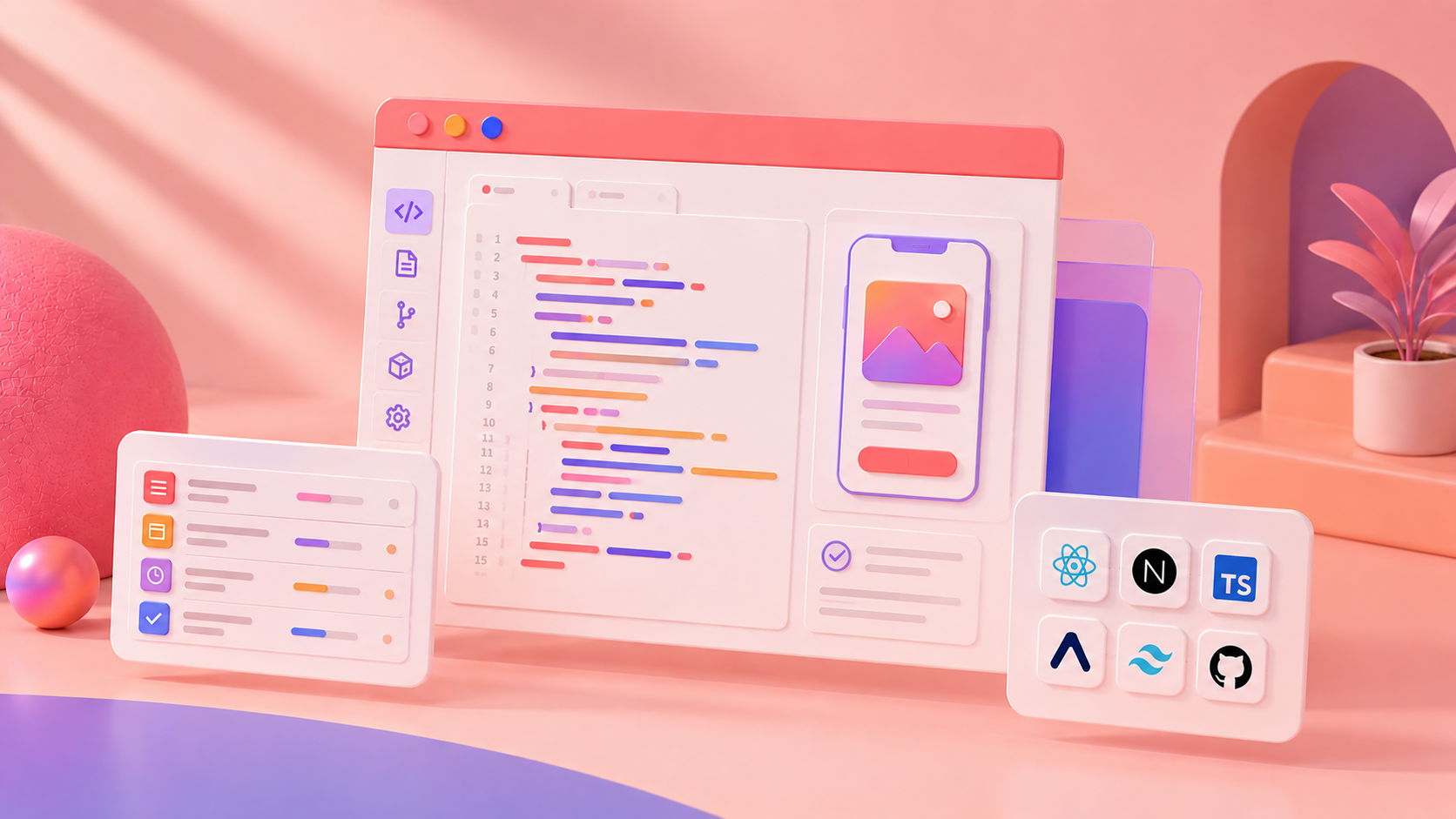Stylized 3D scene of a code editor next to a mobile mockup with React, Next.js, TypeScript, Tailwind, and GitHub marks — representing engineering work