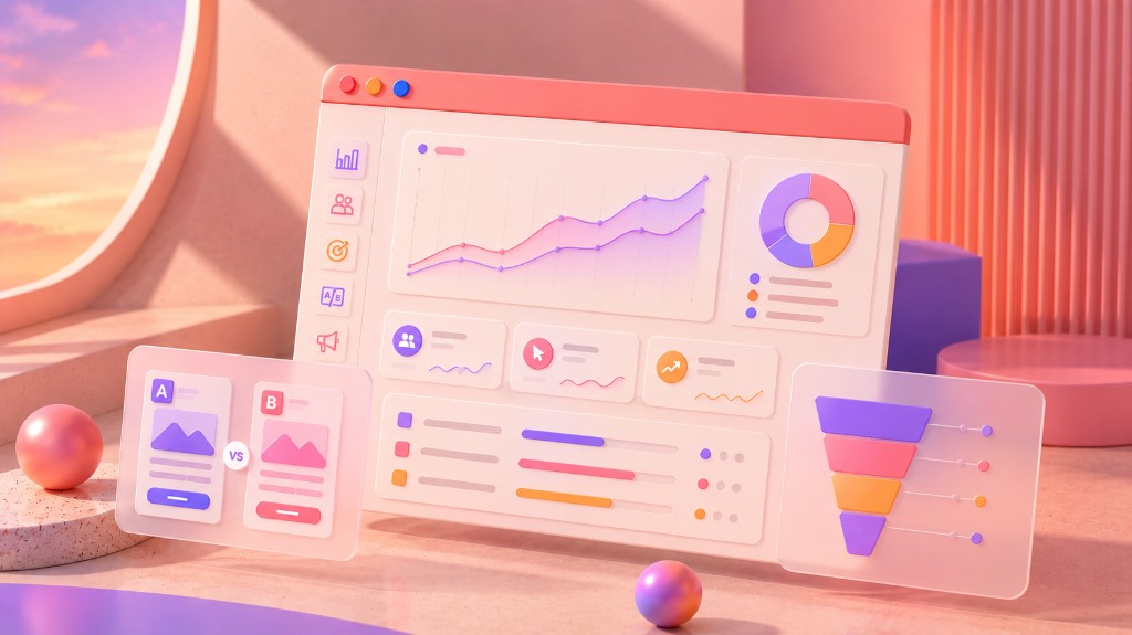 Stylized 3D scene of an analytics dashboard with growth charts, A/B test panels, and a conversion funnel — representing growth work
