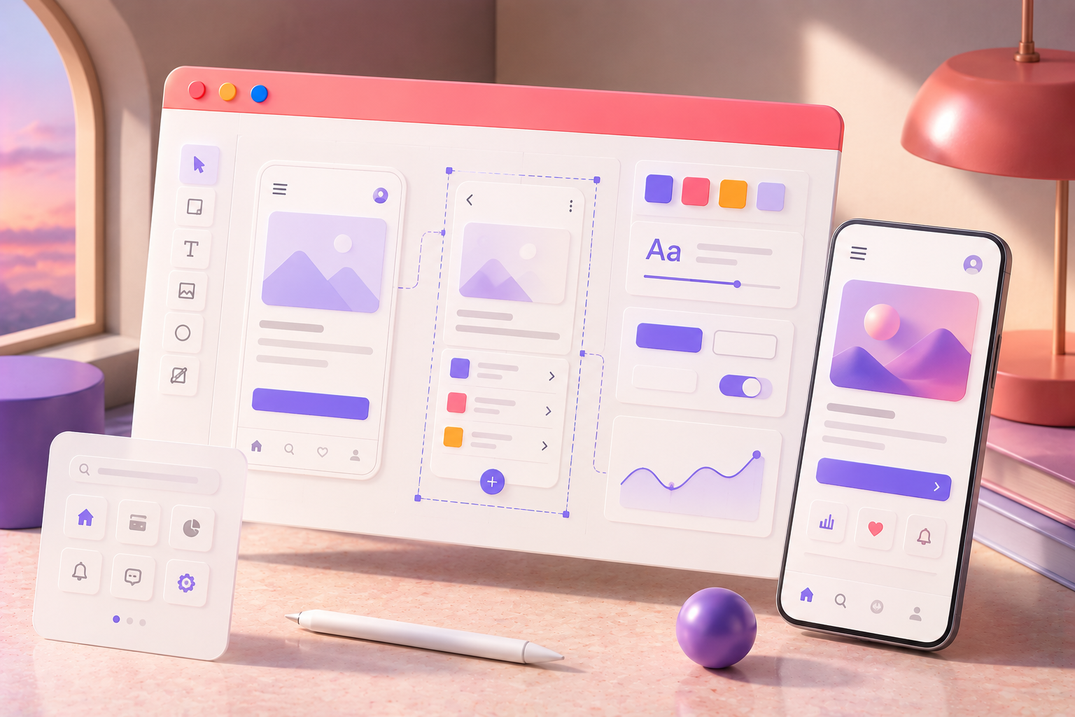 Stylized 3D scene of a desktop browser surrounded by mobile UI and design system components — representing product design work