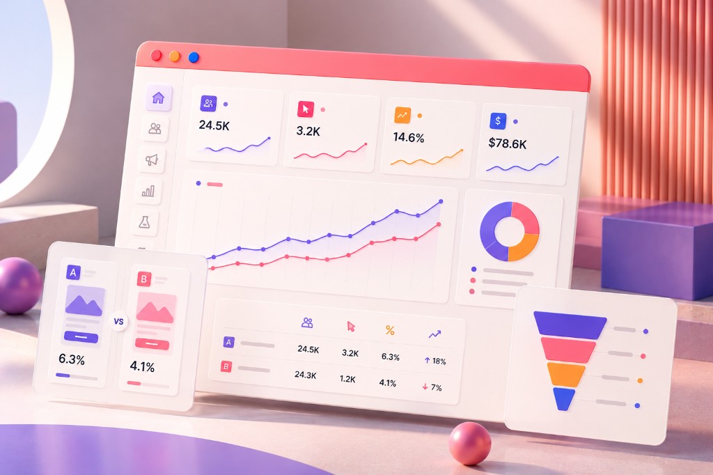 Stylized 3D scene of a dashboard with KPI cards, line charts, and a conversion funnel — representing strategy work